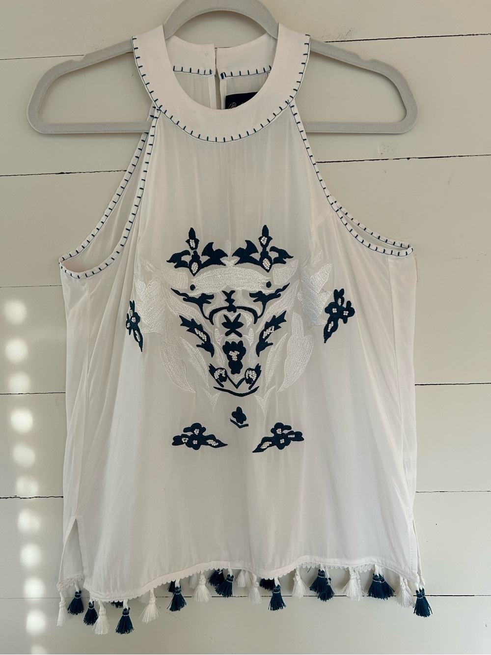 NWT Blue Rain Boho Style Halter with Turquoise Embroidery and Tassels, Size Med